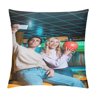 Personality  Cheerful Couple Sticking Out Tongues And Taking Selfie On Smartphone While Girl Holding Bowling Ball Pillow Covers