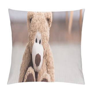 Personality  Teddy Bear On Floor On Blurred Background, Banner Pillow Covers