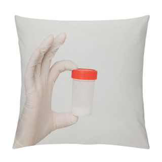 Personality  Doctor Holding A Plastic Jar With Sperm For Semen Analysis Isolated On White. Medical Test In Hospital Pillow Covers