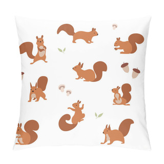 Personality  Vector Illustration. A Set Of Cheerful Squirrels Who Eat Nuts And Walk. Pillow Covers