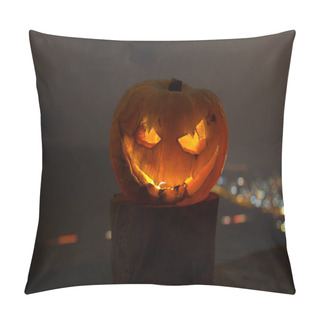 Personality  Horror Halloween Concept. Close Up View Of Scary Dead Halloween Pumpkin Glowing At Dark Background. Selective Focus Pillow Covers