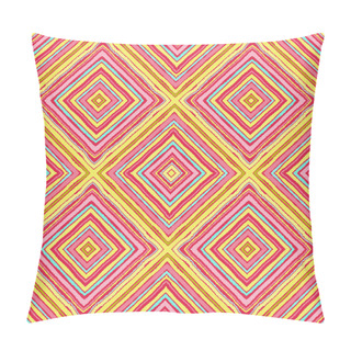 Personality  Striped Diagonal Rectangle Seamless Pattern. Square Rhombus Lines With Torn Paper Effect. Ethnic Background. Yellow, Pink, Aqua Colors. Vector Pillow Covers