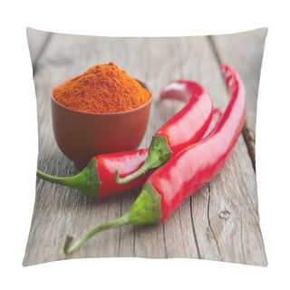 Personality  Whole And Ground To Powder Red Chili Pepper On Wooden Kitchen Table. Pillow Covers