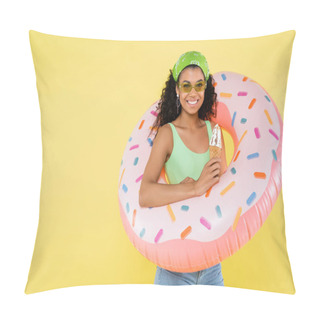 Personality  Positive African American Young Woman Standing With Inflatable Ring And Ice Cream Cone Isolated On Yellow Pillow Covers