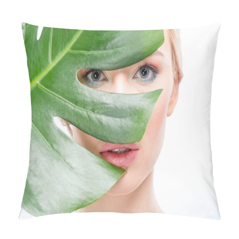 Personality  Young woman with green leaf pillow covers