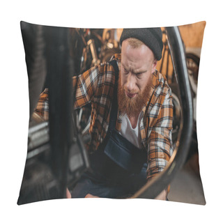 Personality  Concentrated Repair Station Worker Fixing Motorcycle At Garage Pillow Covers