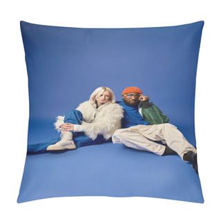 Personality  Multiethnic Couple Posing In Winter Attire With Mountain On Backdrop, African American Man And Woman Pillow Covers