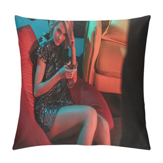 Personality  Blonde Woman Holding Glass With Cocktail While Relaxing In Beanbag  Pillow Covers