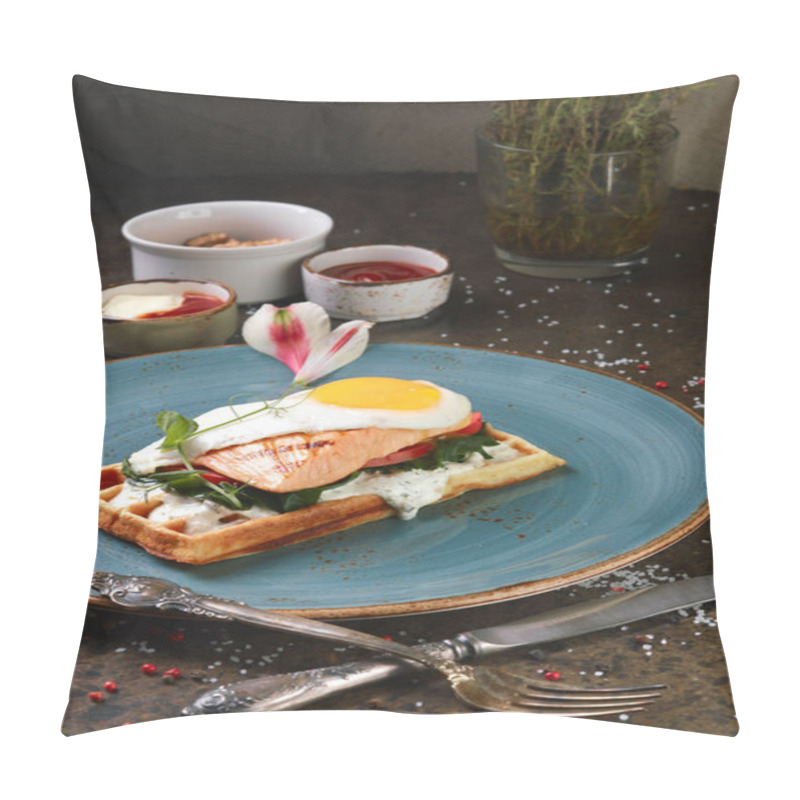 Personality  Fried Eggs With Waffle And Salmon, Basil And Sauce For Breakfast Pillow Covers