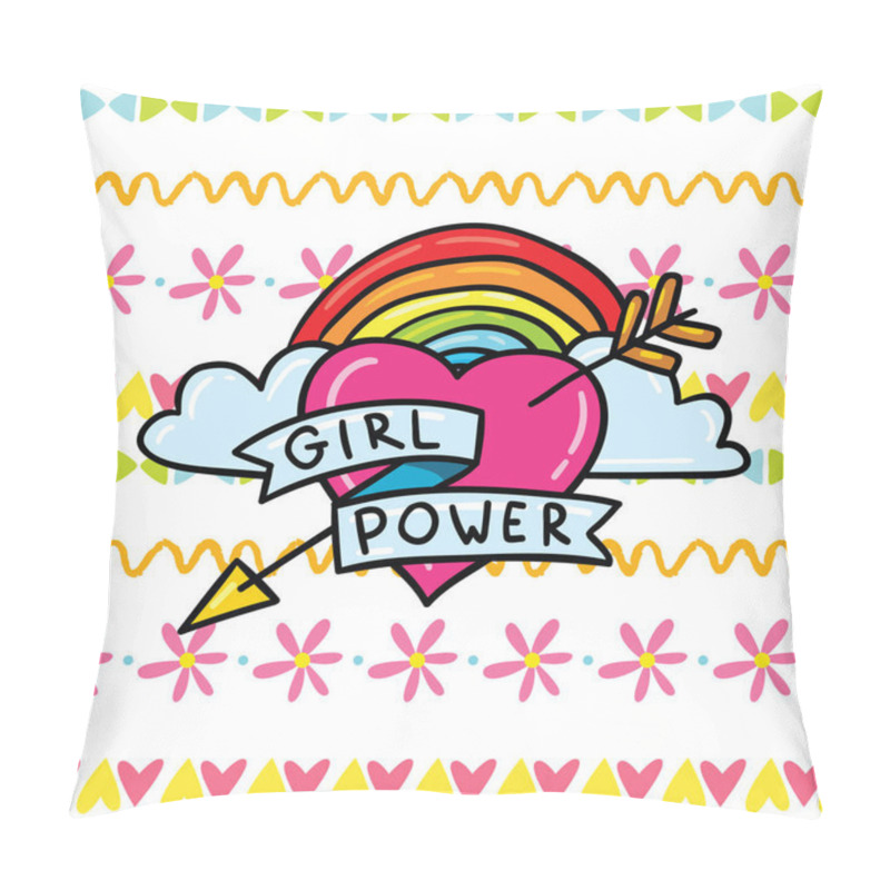 Personality  Cute girl power feminism symbol sticker design illustration with lgbt rainbow on hand drawn boho ornament. Print design for t-shirt, poster and card. pillow covers