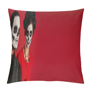 Personality  Dia De Los Muertos Couple, Woman In Eerie Skull Makeup And Black Wreath Near Man On Red, Banner Pillow Covers