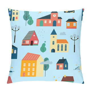 Personality  Vector Patten With Small Tiny Houses, Trees And Clouds. Pillow Covers