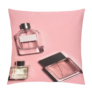 Personality  Top View Of Bottles Of Various Of Perfumes On Pink Surface Pillow Covers