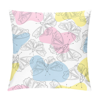 Personality  Seamless Pattern With Outline Butterflies And Colorful Shapes On White Background. Hand Drawn Decorative Endless Background Pillow Covers