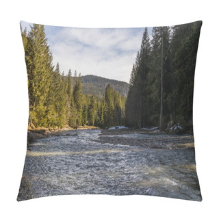 Personality  Scenic Landscape Of Mountain River And Forest With Cloudy Sky At Background  Pillow Covers