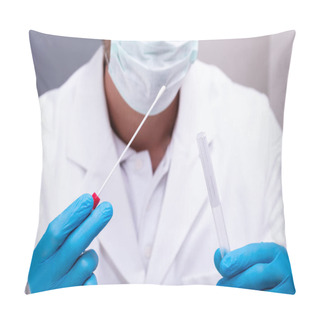 Personality  Male Doctor Wearing Blue Gloves Holding Cotton Swab And DNA Test Tube Pillow Covers