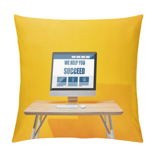 Personality  Computer With Keyboard And Mouse At Wooden Table With We Help You Succeed Lettering On Screen  Pillow Covers
