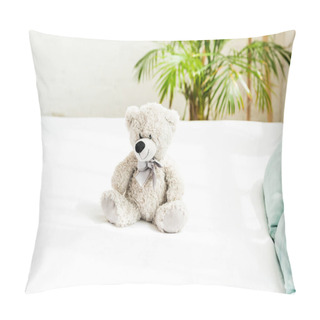 Personality  Grey Teddy Bear Near Blue Pillows On White Bedding At Home  Pillow Covers