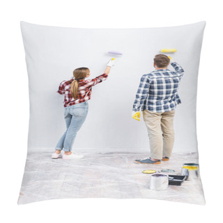 Personality  Back View Of Young Couple With Rollers Painting Wall At Home Pillow Covers