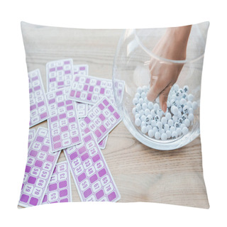 Personality  Cropped View Of Woman Taking Ball From Glass Bowl Near Lottery Tickets  Pillow Covers