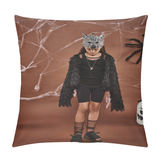 Personality  Girl In Werewolf Costume With Mask And Black Faux Fur Jacket Standing On Brown Backdrop With Cobweb Pillow Covers