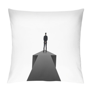 Personality  Back View Of Young Businessman Standing On Arrow On Abstract White Background. Growth And Challenge Concept. 3D Rendering  Pillow Covers