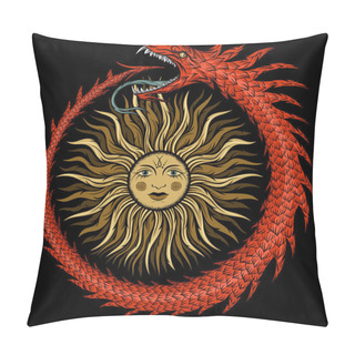 Personality  Ouroboros. Ancient Egyptian Symbolism. A Snake In A Ring Biting Its Tail With The Image Of The Sun Inside. Vector Illustration On Black Background Pillow Covers