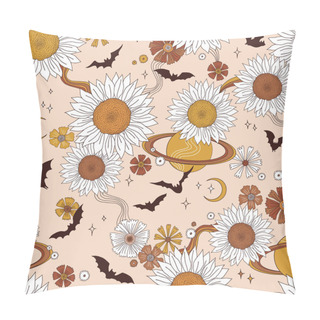 Personality  Boho Retro Halloween Bat Fly In Floral Sunflower Space Vector Seamless Pattern  Pillow Covers