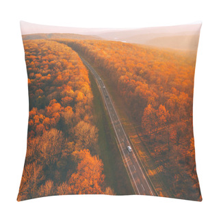 Personality  Fall Forest Landscape With Rural Road View From Above. Colorful Nature Background. Autumn Forest Aerial Drone View Pillow Covers