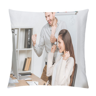 Personality  Happy Young Business Colleagues Shaking Fists And Looking At Desktop Computer In Office Pillow Covers