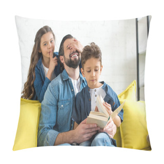 Personality  Happy Father With Cute Little Children Reading Book Together At Home Pillow Covers