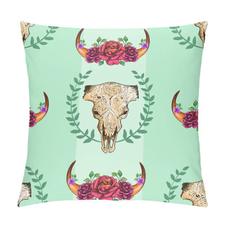 Personality  Cow Skull Seamless Pattern With Roses Pillow Covers
