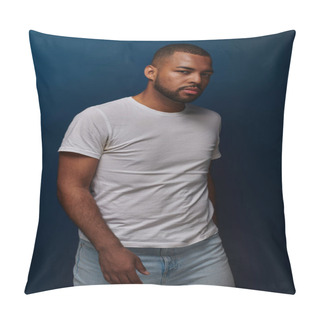 Personality  Handsome Young Man In White T-shirt And Jeans Posing On Blue Backdrop Looking Away, Fashion Concept Pillow Covers