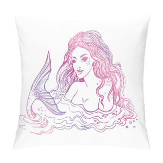 Personality  Hand Drawn Mermaid, On White Background, White And Black Linen Vector Illustration Pillow Covers