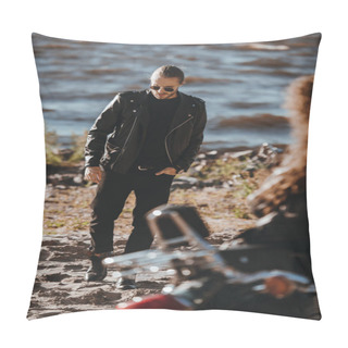 Personality  Selective Focus Of Girl Sitting On Motorbike And Looking At Boyfriend In Black Leather Jacket Pillow Covers