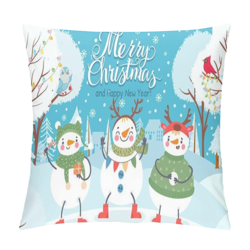 Personality  Snowman. Cute funny snowmen in winter clothes with gift and snowball outdoor. Christmas and happy new year greeting card vector background pillow covers