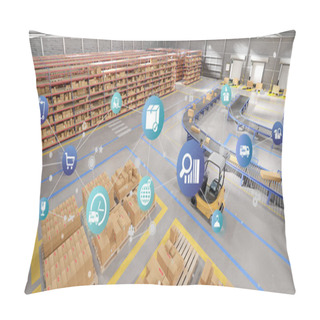 Personality  View Of A Logistic Organisation On A Warehouse Background 3d Rendering Pillow Covers