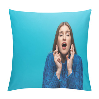 Personality  Beautiful Woman In Blue Knitted Sweater Wishing With Crossed Fingers, Isolated On Blue Pillow Covers