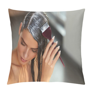Personality  Hair Masks. Woman Applying Mask With Brush On Wet Long Hair Pillow Covers