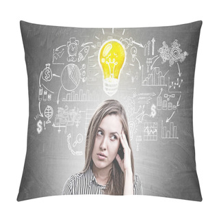 Personality  Pensive Young Woman Portrait, Start Up Idea Pillow Covers