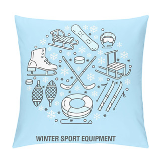 Personality  Winter Sports Banner, Equipment Rent At Ski Resort. Vector Line Icon Of Skates, Hockey Sticks, Sleds, Snowboard, Snow Tubing Hire. Cold Season Outdoor Activities Template Pillow Covers