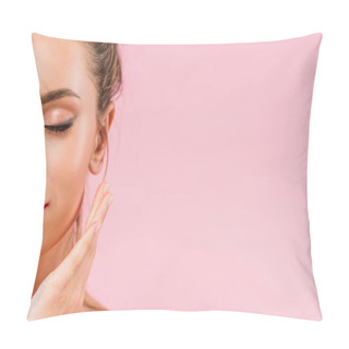 Personality  Cropped View Of Naked Beautiful Woman With Pink Lips Posing With Hand Near Face And Closed Eyes Isolated On Pink  Pillow Covers