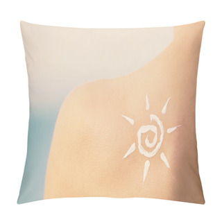 Personality  Woman With Sunscreen In Sun Shape On Shoulder. Skin Care Concept. Pillow Covers