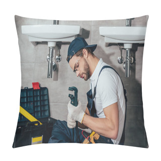 Personality  Young Professional Plumber Fixing Sink In Bathroom Pillow Covers