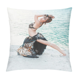 Personality  Beautiful Girl Dancing In Tribal Style On White Sand Beach Pillow Covers