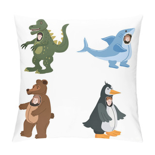 Personality  Set Actors In Animal Dinosaur, Shark, Bear, Penguin Costume. Theme Party, Birthday Kid, Children Animator, Entertainer Wearing Performer Character For Holiday Masquerade, Carnival. Vector Cartoon Flat Pillow Covers