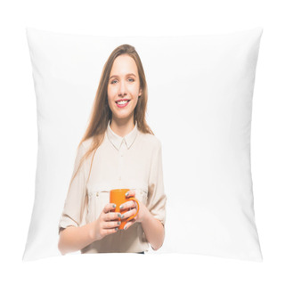 Personality  Young Smiling Girl Holding A Cup In Her Hands Pillow Covers