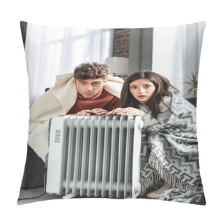 Personality  Attractive Girlfriend And Boyfriend Covered With Blankest Warming Up Near Heater  Pillow Covers