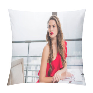 Personality  Side View Of Pensive Woman Waiting For Boyfriend On Date In Restaurant Pillow Covers