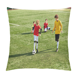 Personality  A Group Of Young Children Enthusiastically Playing A Game Of Soccer, Running Around The Field, Kicking The Ball, And Cheering Each Other On In A Friendly Competition. Pillow Covers
